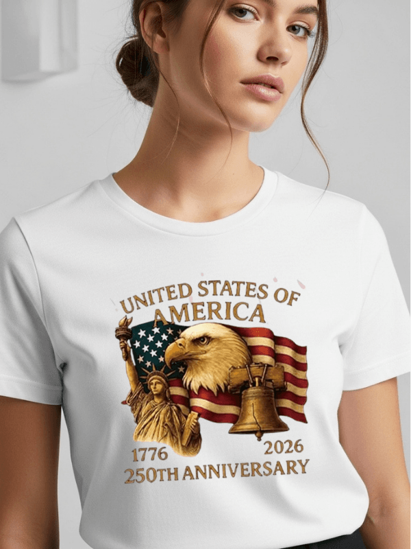 1 United States of America 250th Anniversary T-Shirt | Patriotic Eagle, Statue of Liberty & Liberty Bell 1776–2026 Graphic Tee - Image 1