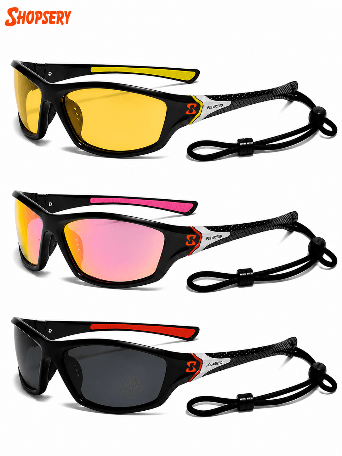 yellow-pink-red black Shopsery Polarized Sports Sunglasses for Men 3 Pack Combo – UV400 Protection | HD Polarized Driving, Fishing & Cycling Sunglasses - Image 1